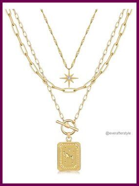 Layered Birth Flower Necklace Set, 14K Gold Plated Brass, Zodiac Choker